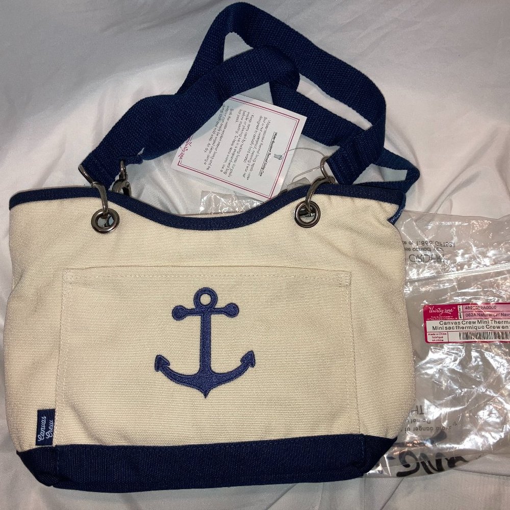 New Thirty One Canvas Crew Mini Thermal Natural w/ Navy Anchor Bag Lunch